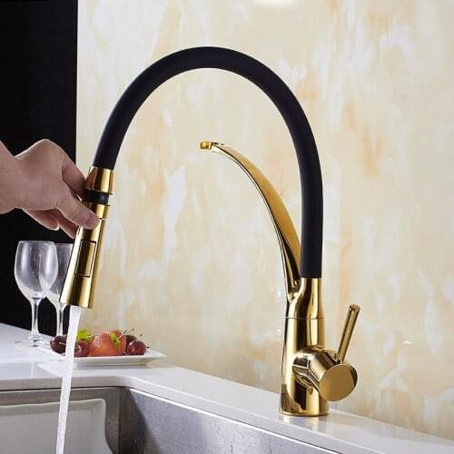 Vidric Pull Down Kitchen Faucet Gold Hot and Cold Water Crane Mixer Deck Mounted Kitchen Sink Faucets with Rubber Design ELK909G