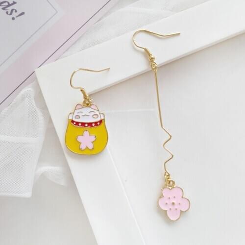 Timlee E299 New Sweet Cherry blossoms Animal Cat Originality Asymmetric Alloy Dangle Earrings,Fashion Accessories Wholesale