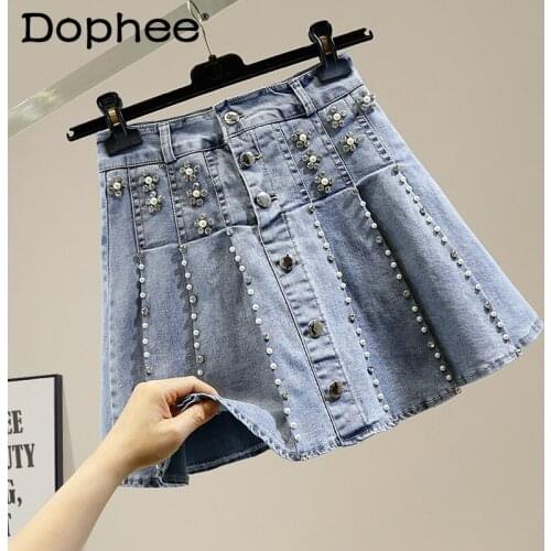 Heavy Industry Beads Diamond Single-Breasted A- Line Denim Pleated Skirt Women Korean-Style High Waist Slim Mini Faldas Kawaii