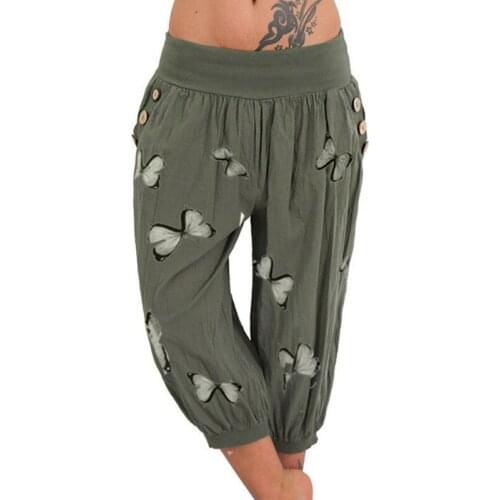 Capris Pants Women High Waist Harem Pants Lightweight Streetwear Female Pocket Baggy Capri Jogger Trousers Bottoms With Print