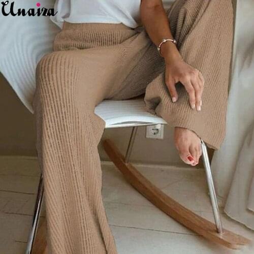 Unaiza Womens Knitted Casual Pants New Style High Waist Wide Leg Pants Women Loose Solid Color 2021 New Fashion Elegant Pants