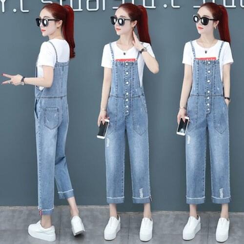 2019 summer new womens fashion straight denim overalls wide leg pants two-piece suit