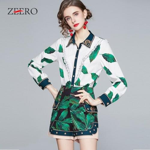 2021 Summer Women Print Short Sets Long Sleeve Patchwork Ruffles Blouse Shirts Top + Buttons Green Short Sets Ladies 2 Piece Set