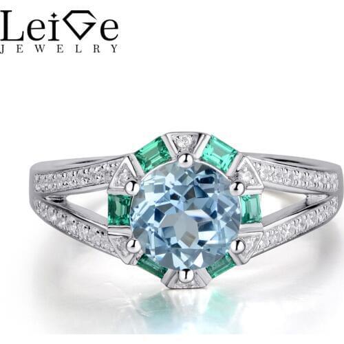 Leige Jewelry Blue Natural Aquamarine Ring 925 Sterling Silver Wedding Rings for Women Round Cut Prong Setting Gemstone Jewelry