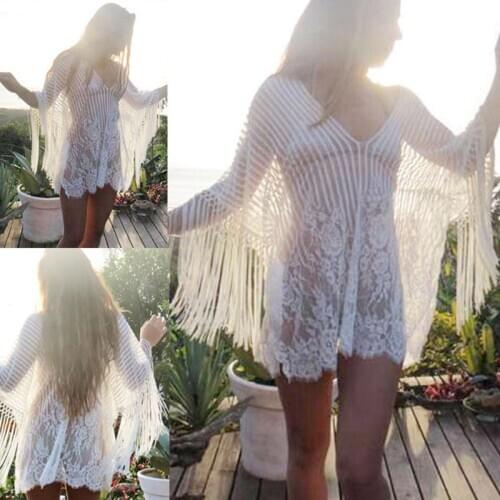 2020 Women Bikini Cover-Up Floral Printed Lace Crochet Tassel Swimsuit Beach Summer Ladies Bathing Suit Beach Clothing
