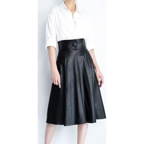 2021 New Style Women Simple Genuine Leather Skirt Big Hem