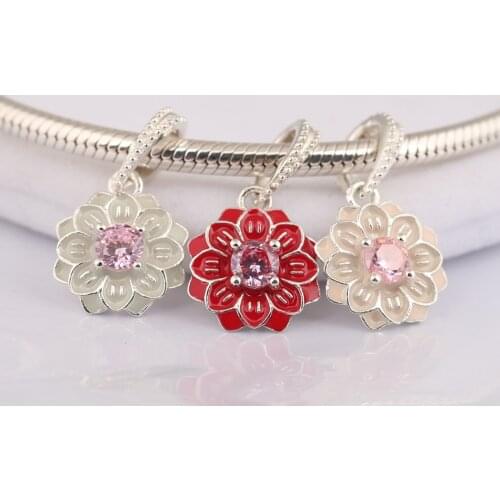 Authentic S925 Silver Pendant Charm for Women Bracelet Bangle DIY Jewelry Dahli Flower Dangle Bead