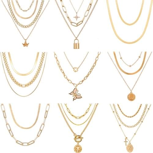 Bohemian Lock Butterfly Necklace For Women Party Multilayer Gold Coin Cross Beads Chain Sweater Necklace Jewelry Gift