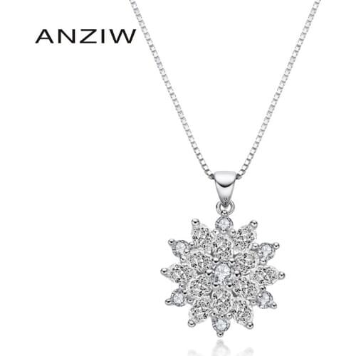 Fashion 925 Sterling Silver Women Round Cut CZ Pendant Necklace Silver Flower Pendant Necklaces with 40+5cm Silver Chain Jewelry