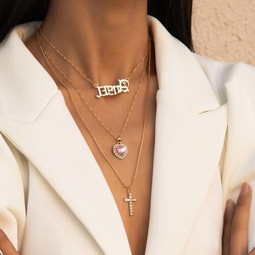 Fashion Multi Layer Letter Pendant Choker Necklace Women Rhinestone Heart Clavicle Chain Statement Valentine Day Jewelry Gifts