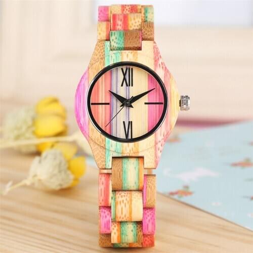 Natural Stylish Colorful Bamboo Wood Women Watch Quartz Wooden Bangle Wristwatch Roman Numeral Dial Folding Clasp Lady Timepiece