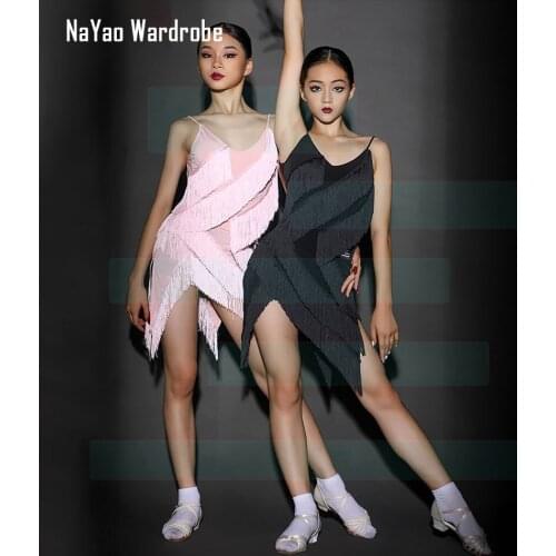 Kids Latin Dance Dress Girls Tassels Sexy Latin Dance Braces Backless Skirts for Chacha Tango Belly Practice Costume H9291