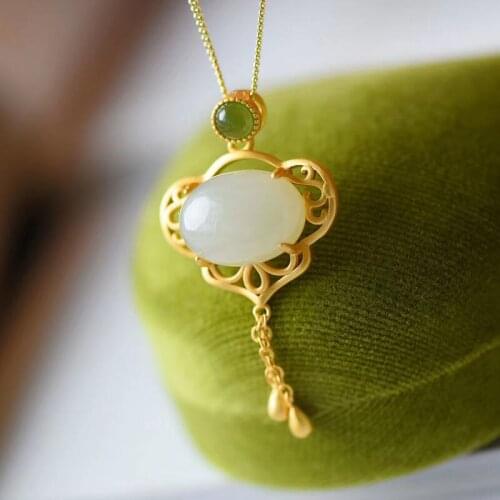 Ancient Gold Auspicious Ruyi Square Plate Natural Hetian Jade Ancient Style Pendant Craft Jade Auspicious Cloud Tassel Necklace