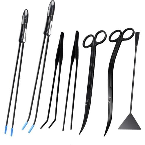 DW Aquarium Black Metal Tweezers and Coral Plants Scissors Spatula Tank Cleaning Tools Kit Prevent Seawater Corrosion