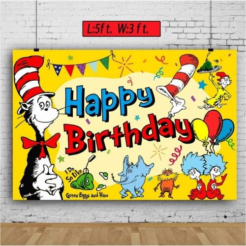 PhotographyBackdrop Banner Dr Hat Background Green Eggs and Ham Cat In The Hat For Kids Funny Birthday Party Supplies