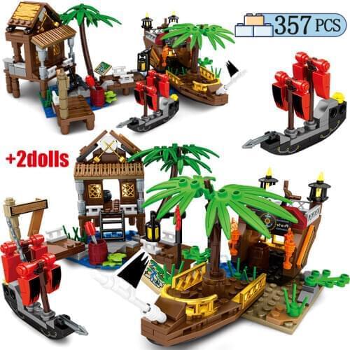 City Creator Pirates of the Caribbean Model Bricks Pirate Ship Treasure Chest Building Blocks Figures Toys For Children
