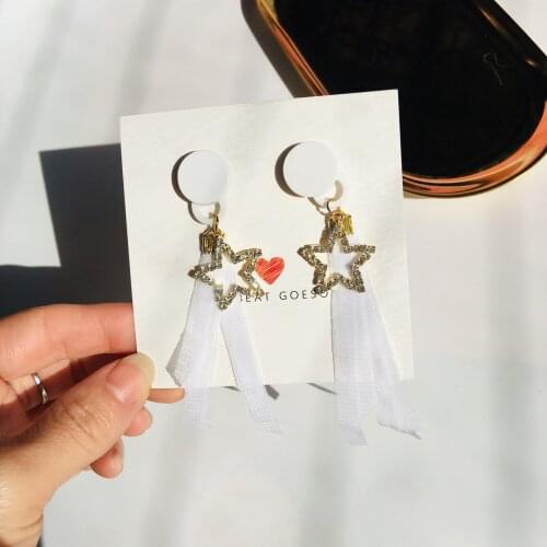 Korean Version Of The 2019 New Fashion Simple Earrings Five-pointed Star Crystal Super Fairy Lace Cloth Ladies Long Earrings