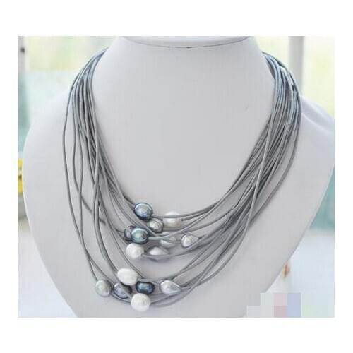 15row white black rice freshwater pearl gray leather necklace
