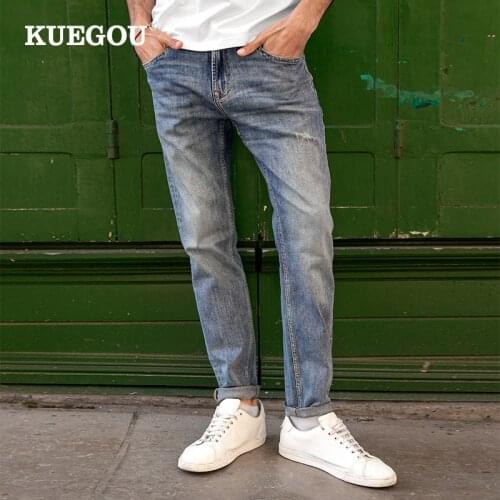 KUEGOU 2021 New Autumn Clothing Men Jeans Scratched Wear Slim Fashion Trousers Stretchy Vintage Denim Pants Plus Size 1961