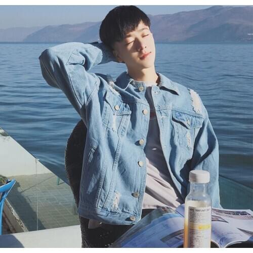 2020 Jacket Mens Pure Color Simple Leisure Pocket Daily Hole Fashion Jacket Mens Fashion Jeans Coat