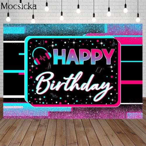 Mocsicka Hip Hop Music Glitter Kids Happy Birthday Backdrop Adult Cake Smash Background Decorative Props Shiny Colorful Photo