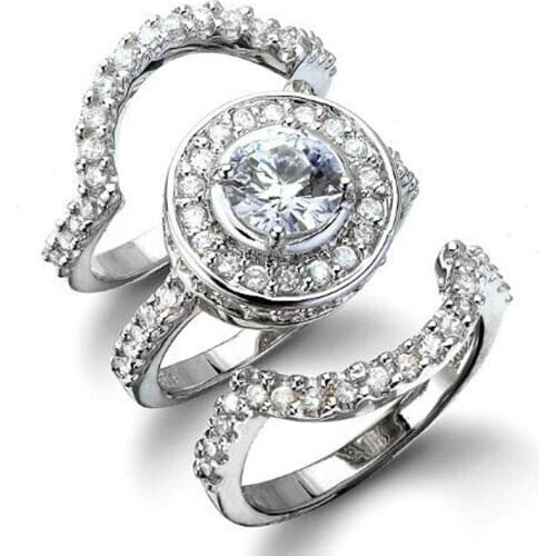 Fashion pave Diamond Rings finger Set 3-in-1 Handmade 10KT white gold Engagement Wedding Bride couple rings for Women Jewelry