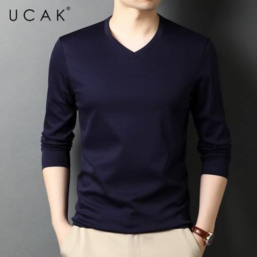 UCAK Brand Classic V-Neck Solid Color T Shirt Men Clothes Autumn Casual Streetwear Pure Cotton Long Sleeve T-Shirts Homme U5746