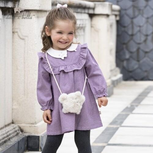DBJ19263 dave bella autumn baby girls fashion plaid cartoon dress with a small bag party dress kids infant lolita 2pcs clothes