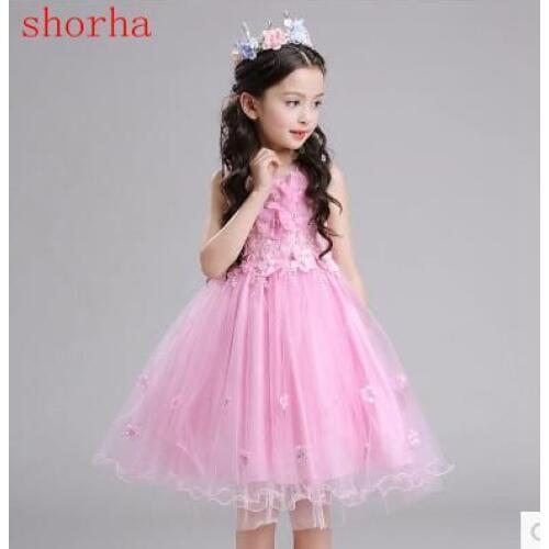 Girls Dress 2017 New Summer Mesh Girls Clothes Pink Applique Princess Dress Children Summer Clothes Baby Girls Dress
