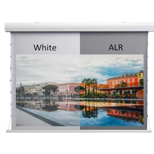 Black Diamond Tab-Tension Motorized Drop-Down Projection Screen with obsidian ambient light rejecting for standard projector