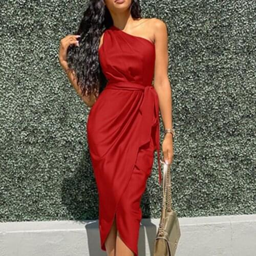 Sexy One Shoulder Ruched Design Party Dress Women Solid Sleeveless Mid-Calf Night Club Dress Vestidos De Fiesta