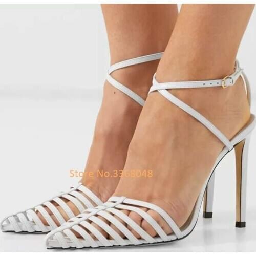Gladiator Thin Heel Shoes Solid White Hollow Cross Strap Fashon Summer Pumps Sexy Pointed Toe Buckle Closure White Color Elegant