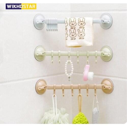 6 Hooks Towel Rack Wall-mounted Storage Rack Vacuum Plastic Suction Cup Hook Kitchen Storage Shelf Bathroom Accessories