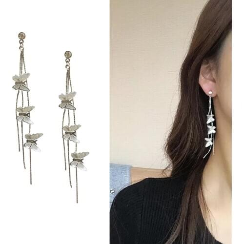 Vintage Butterfly Long Tassel Earrings Non Piercing No Pierced Earrings Silver Color Butterfly Clip on Earrings For Wedding