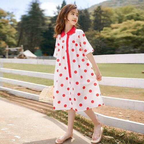 6 To 16 Years, Polka Dot Girls Cotton Mid Dress 2021 New Kids Clothes Children Summer Dresses Teen Buttons Comfortable,#6047