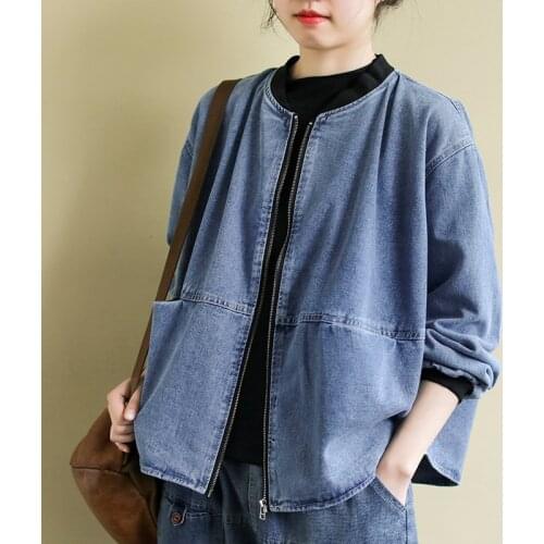 Oversized Loose Denim Women Jackets Winter New 2021 O-Neck Long-Sleeved Loose Solid Casual All Match Female Outwear Coats Tops