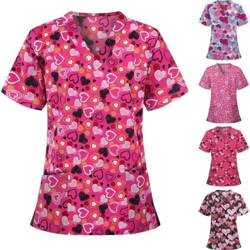 2021 Women Short Sleeve V-neck Tops Working Uniform Blouse Ladies Fashion Plus Size Short Sleeve Printed Summer Nurse Uniform