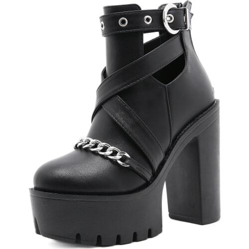 New sexy High heels Fashion Ankle Boots For Women High Heels Casual Cut-outs Buckle Round Toe Chain Thick Heels Platform Shoes