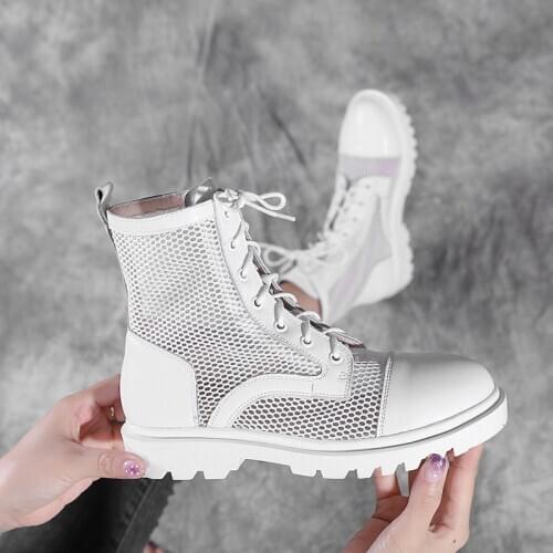 2020 Black White Summer Lace Up Platform Womens Boots Platform Wedges Shoes Mesh Real Leather Cross Tie Ankle Boots Spring