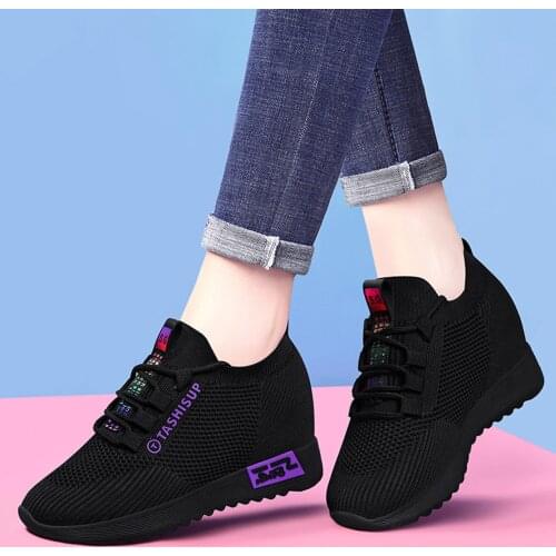 Women Ladies' Inner Heightening Mesh Wedge Casual Sports Shoes Sneakers High Heel Solid Color Womens Breathable Sport Shoes