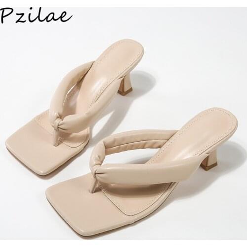 Pzilae New Summer Slippers Women Clip Toe High Heels Fashion Slides Shoes Ladies Sandals Apricot White Black Flip Flops Size 40