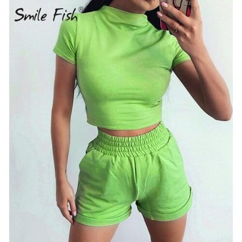 Women Two Piece Outfits Short Blouse Biker Shorts Casual Female Serts 2020 Summer Women Solid Pink Gray 2 Pieces Sets G1705