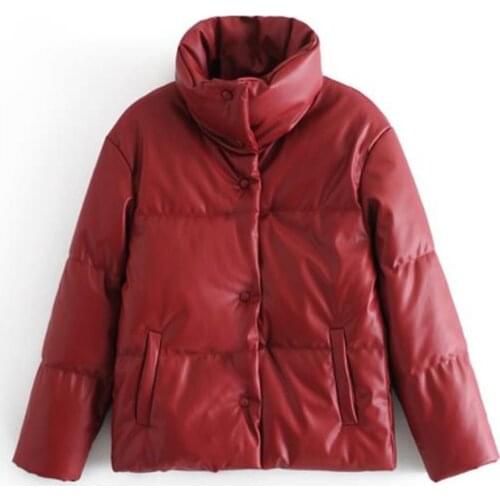 Women Fur Faux Leather Down Jacket Coat Oversized Buttons 2021 Winter Female Pu Turn Down Collar Warm Cotton Outerwear Overcoat