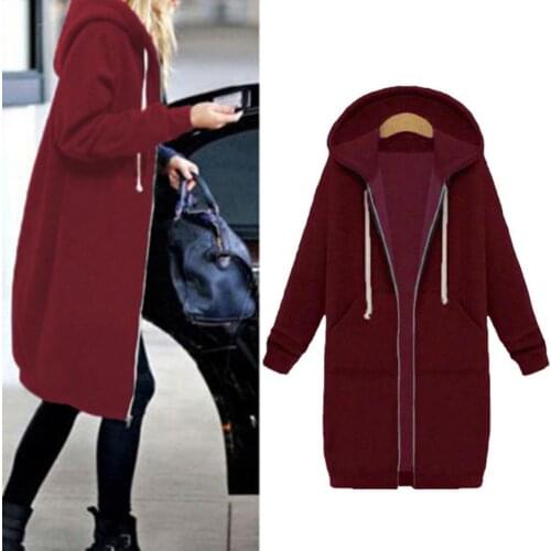 New Womens long coat Chic Lady Solid Color Long Sleeve Casual Hooded Sweatshirt Coat Zipper Outwear одежда для женщин
