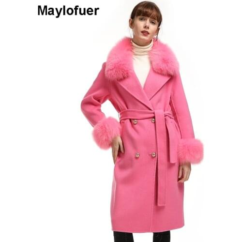 Maylofuer 2019 Real Fur Coat Winter Jacket Women Natural Fox Fur Collar Cashmere Wool Blends Long Outerwear Ladies Streetwear
