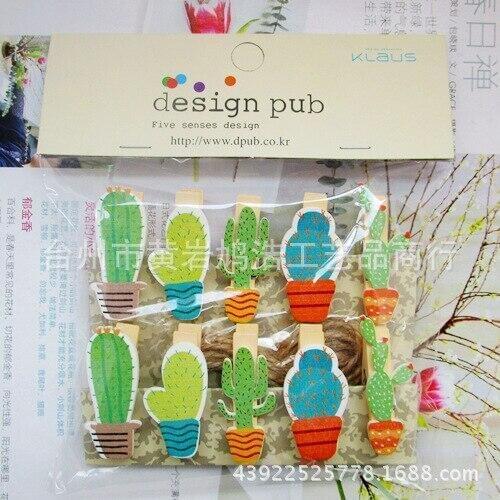 10 pcs/lot Creative Cactus Wooden Clip Photo paper Clothespin Craft Clips Party Decoration Clip with Hemp Rope