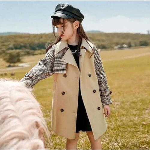 Childrens Windbreaker Plaid Jackets For Girls Spring Cotton Trench For Girls Double-breasted Casual Outerwear Teens Kids Trench