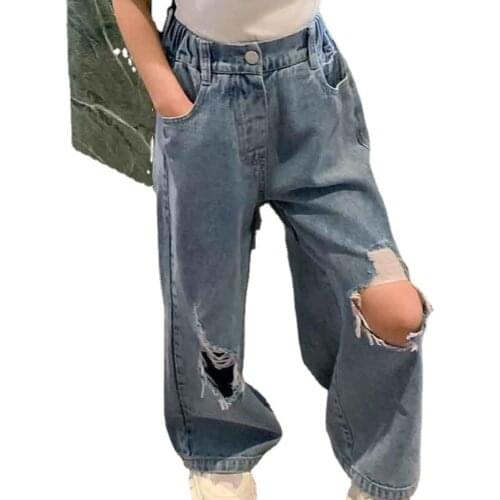 Jeans for Girls Personality Hole Wide-leg Trousers Summer Fashion Baby Elastic Waist Light Blue Denim 2-8 Year Kids Clothing