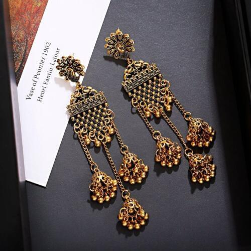 Ethnic Gold Long Jhumka Earrings Indian Jewelry Peacock Gypsy Bell Tassel Statement Afghan Egypt Turkish Earrings