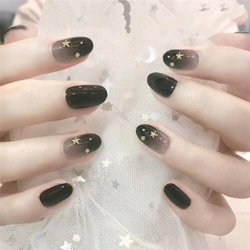 24pcs/Set Round Black Gradient Fake Nails Short Design Gold Star Moon Decoration Full Fingernail Tips False Nails with Glue